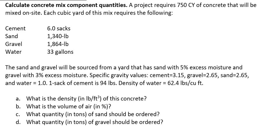 Calculate concrete mix component quantities. A