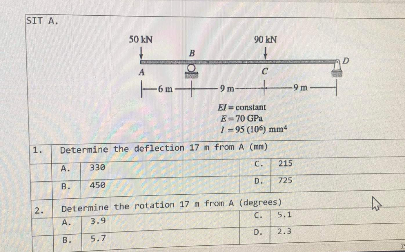 SIT A . 1 . Determine the deflection 1 7 m from A