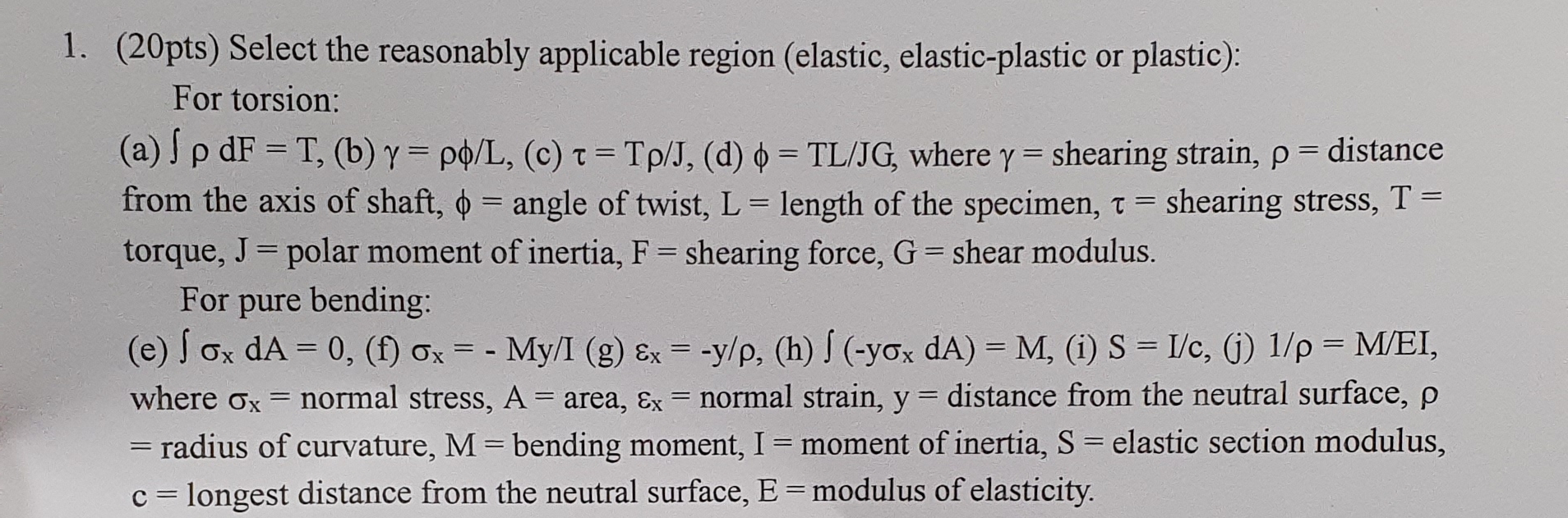 mechanics of materials class ( 2 0 pts ) Select