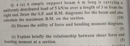 Q . 4 ( a ) A simply support beam 6 m long is