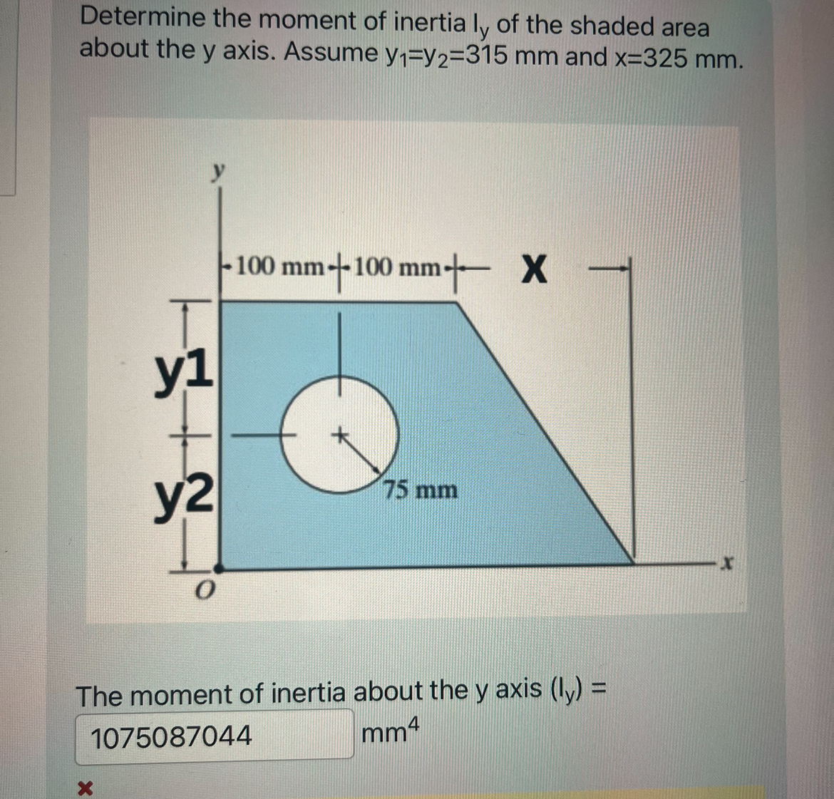 Determine the moment of inertia I y of the shaded