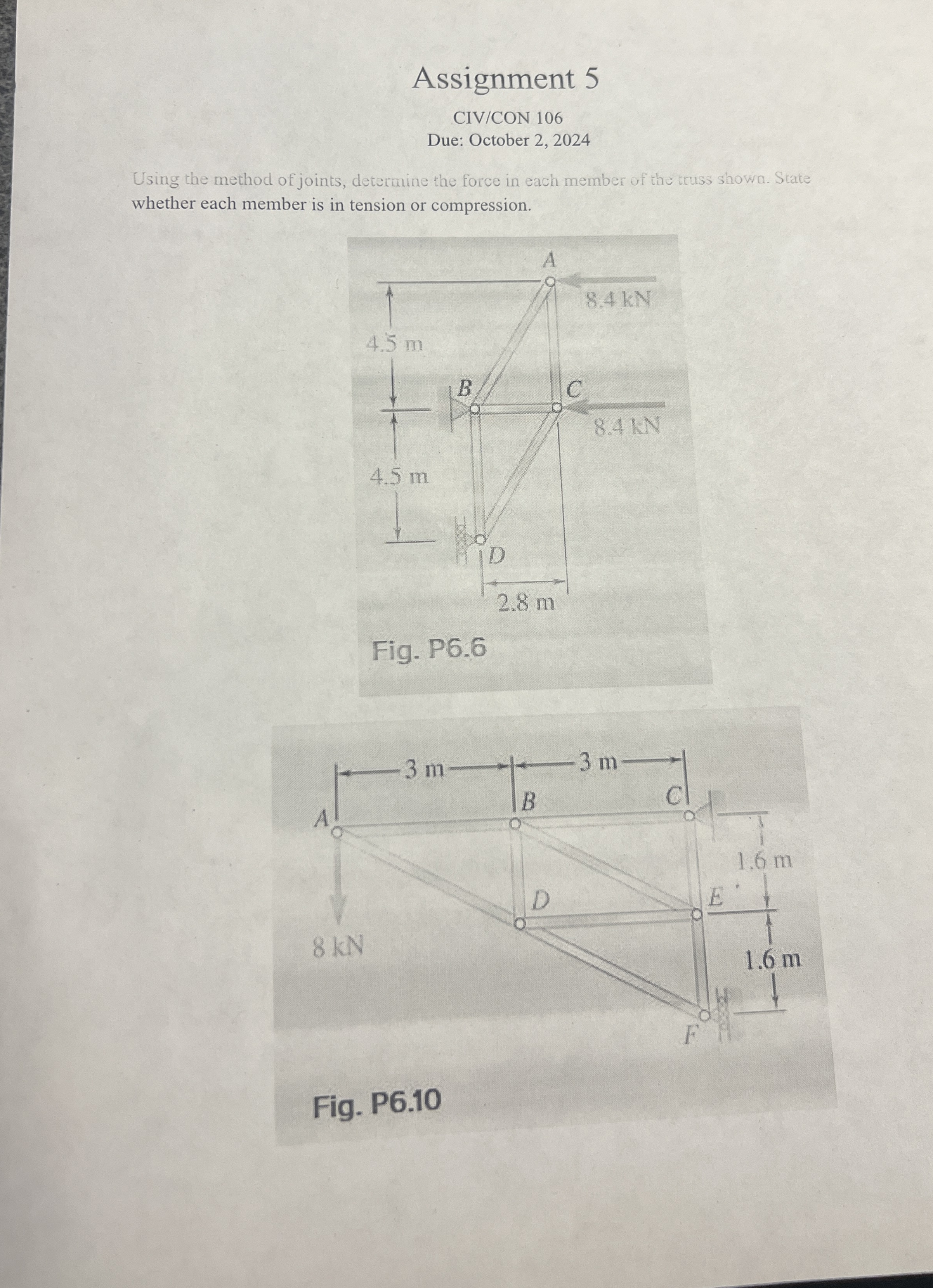 Assignment 5 CIV / CON 1 0 6 Due: October 2 , 2 0