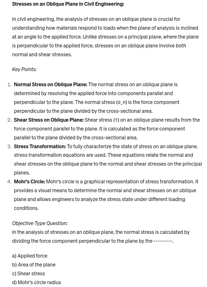 Stresses on an Oblique Plane in Civil