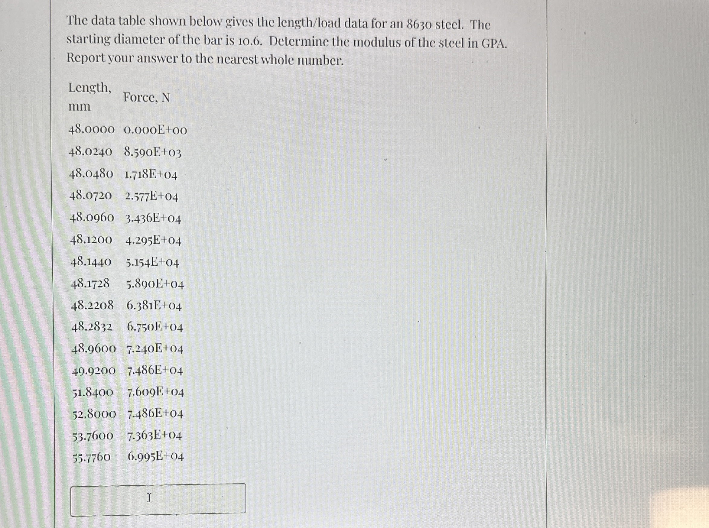 The data table shown below gives the length /