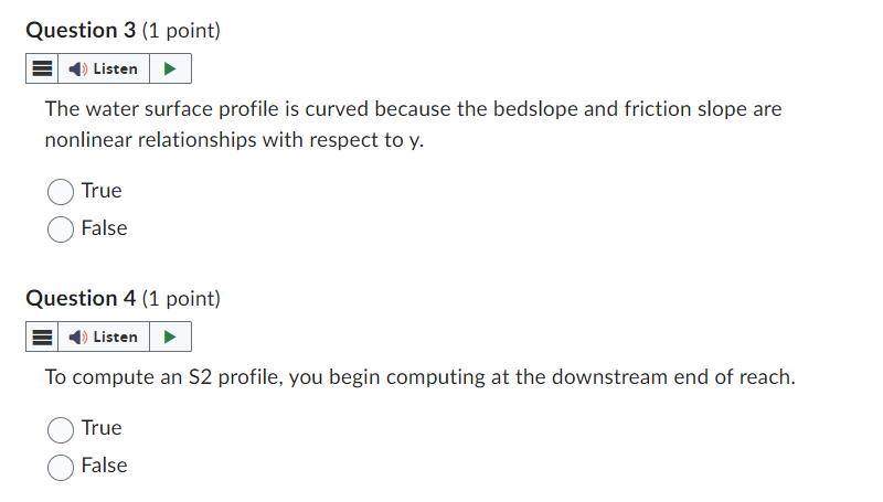 Question 3 ( 1 point ) The water surface profile