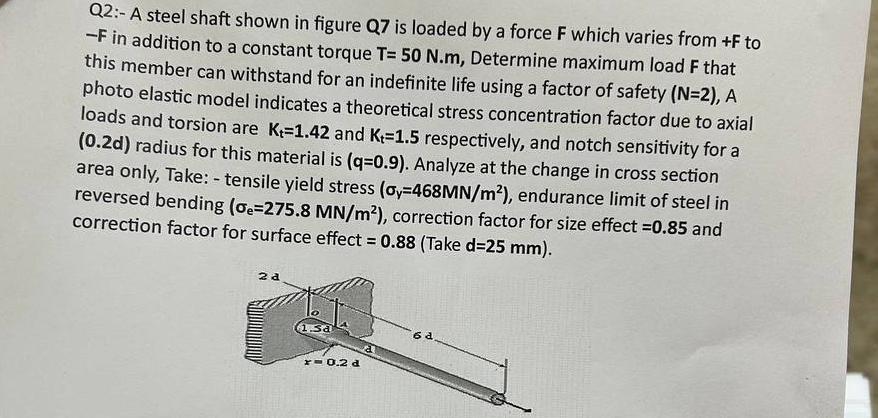 Q 2 : - A steel shaft shown in figure Q 7 is