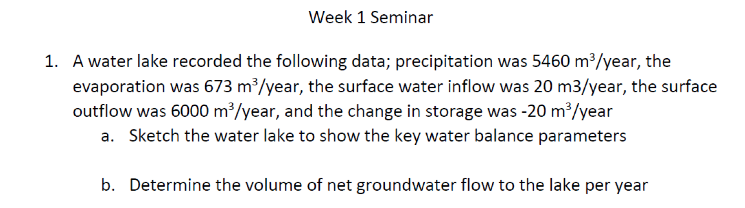 Week 1 Seminar A water lake recorded the
