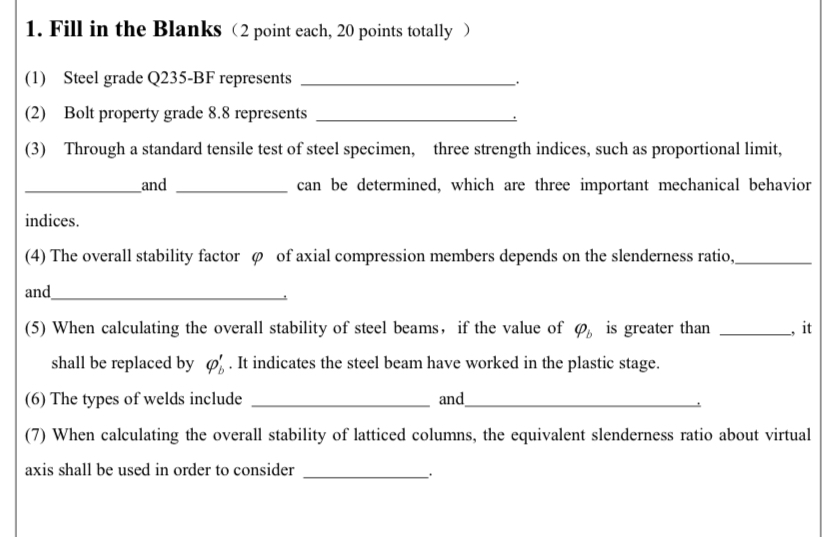 Fill in the Blanks ( 2 point each, 2 0 points