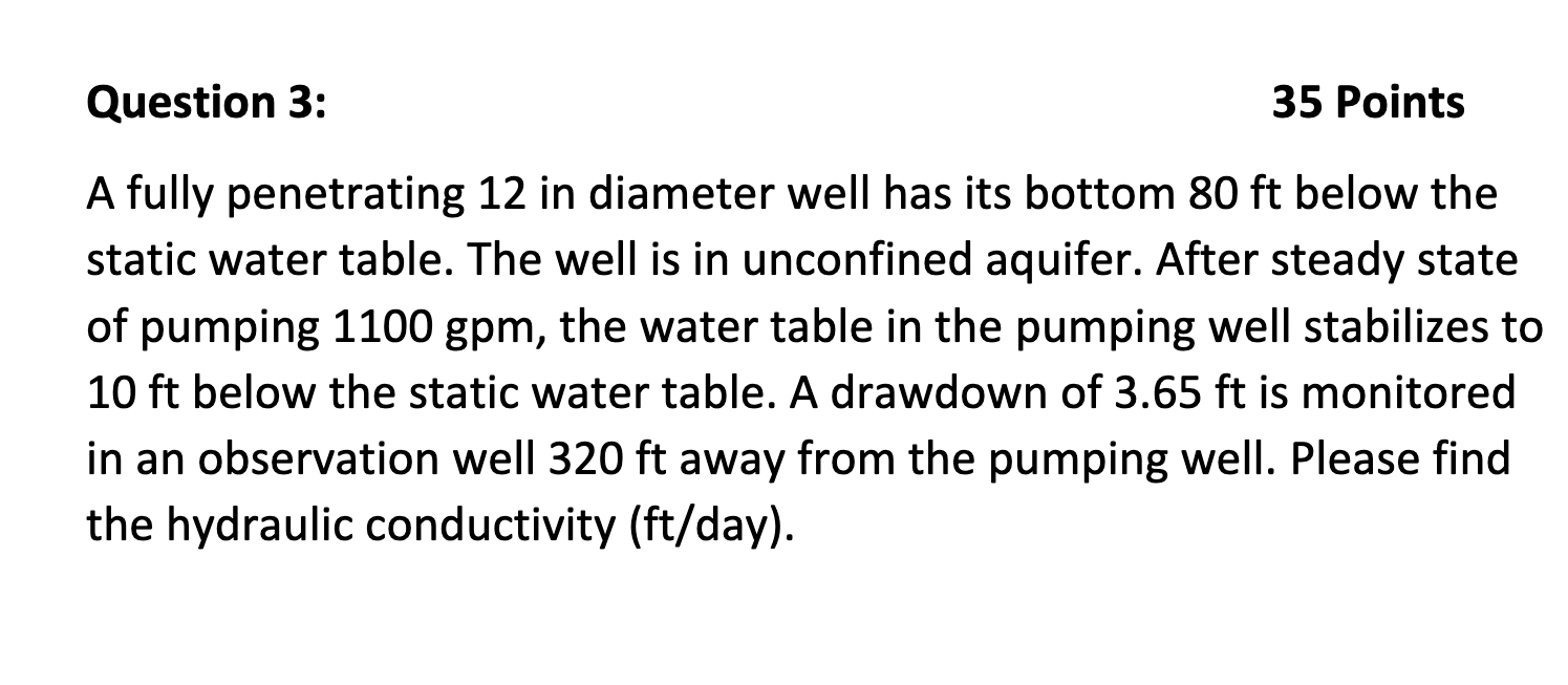 Question 3 : 3 5 Points A fully penetrating 1 2