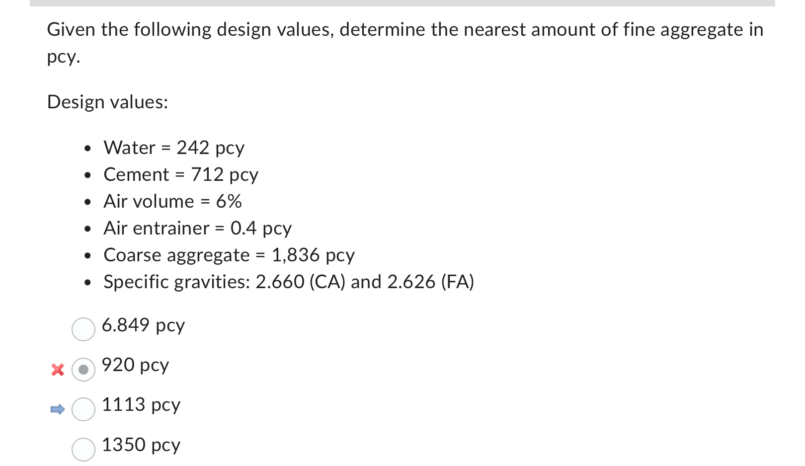 Given the following design values, determine the