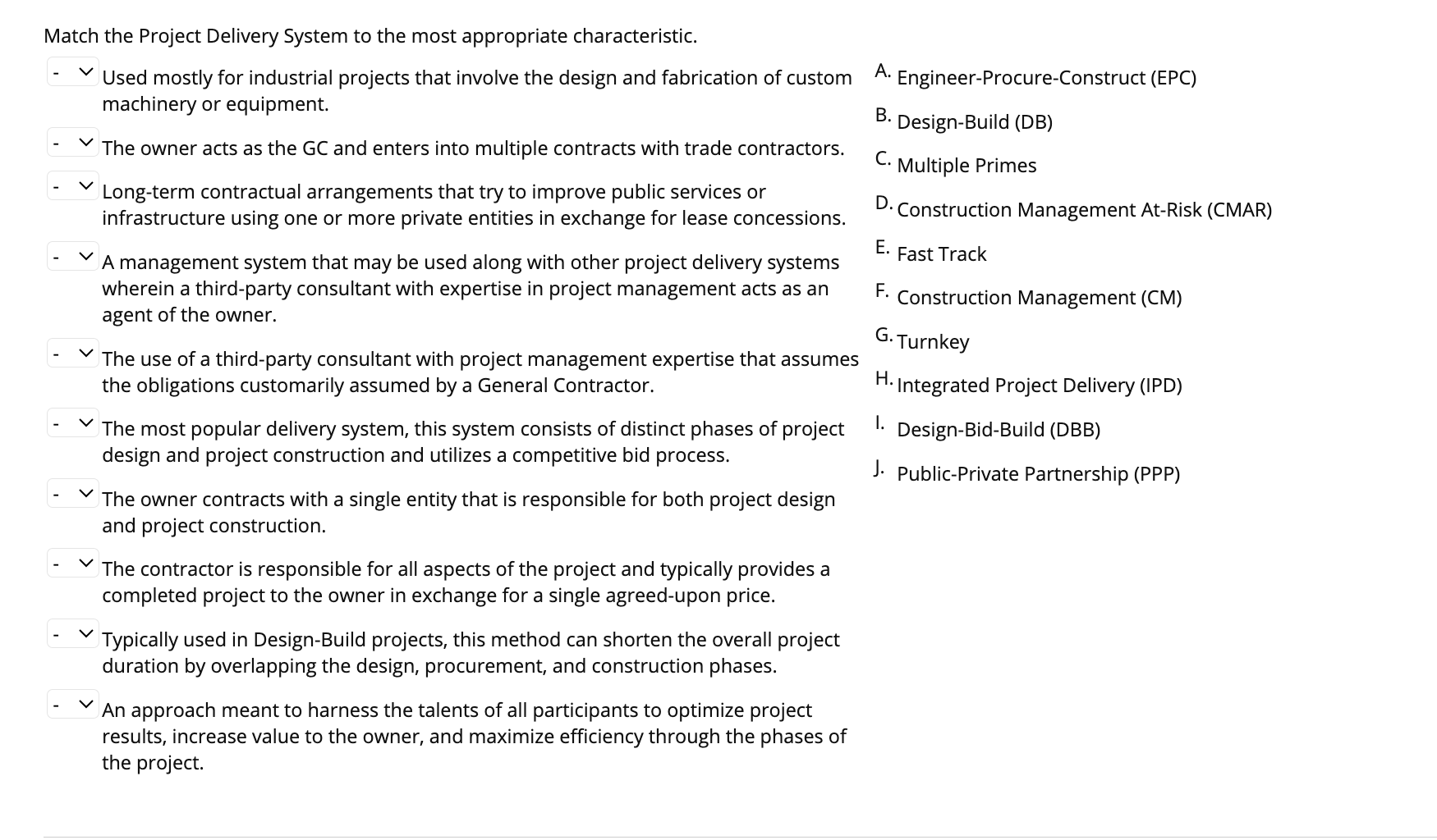 Match the Project Delivery System to the most