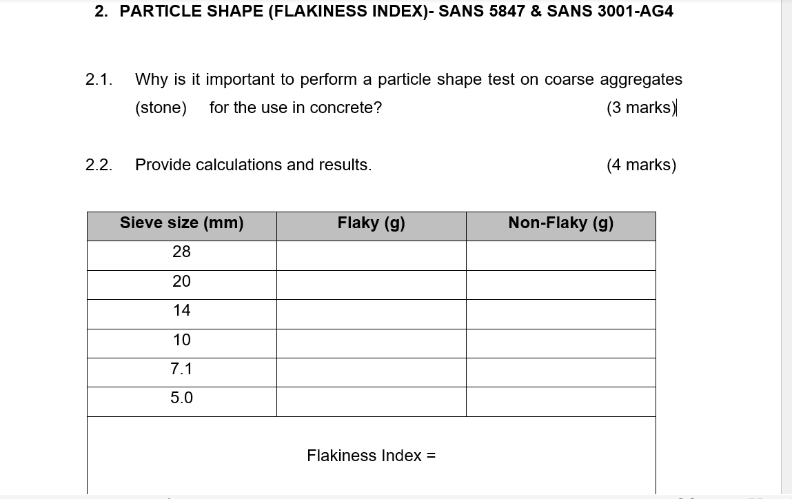 PARTICLE SHAPE ( FLAKINESS INDEX ) - SANS 5 8 4 7