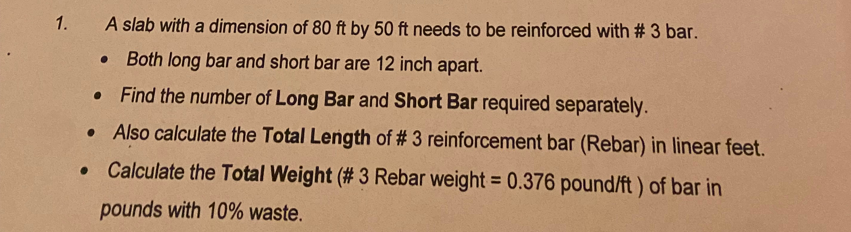 A slab with a dimension of 8 0 f t by 5 0 f t