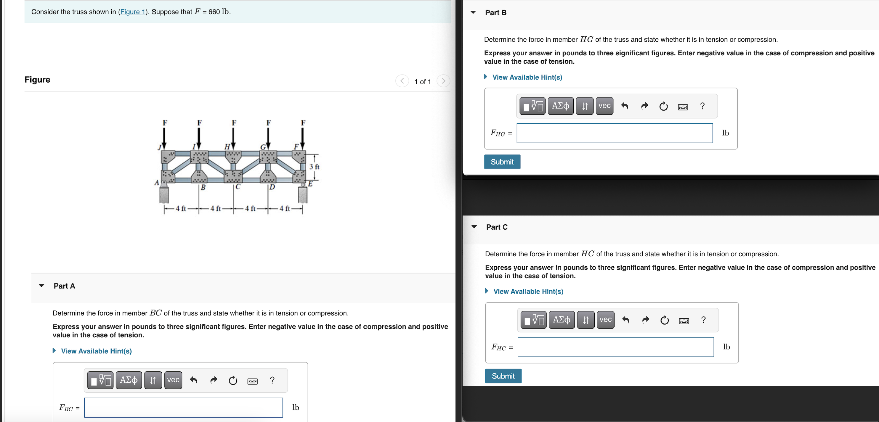 Part A Determine the force in member BC of the
