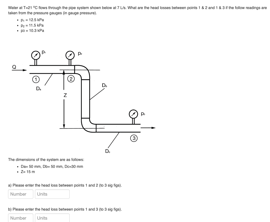 Water at T = 2 1 C flows through the pipe system
