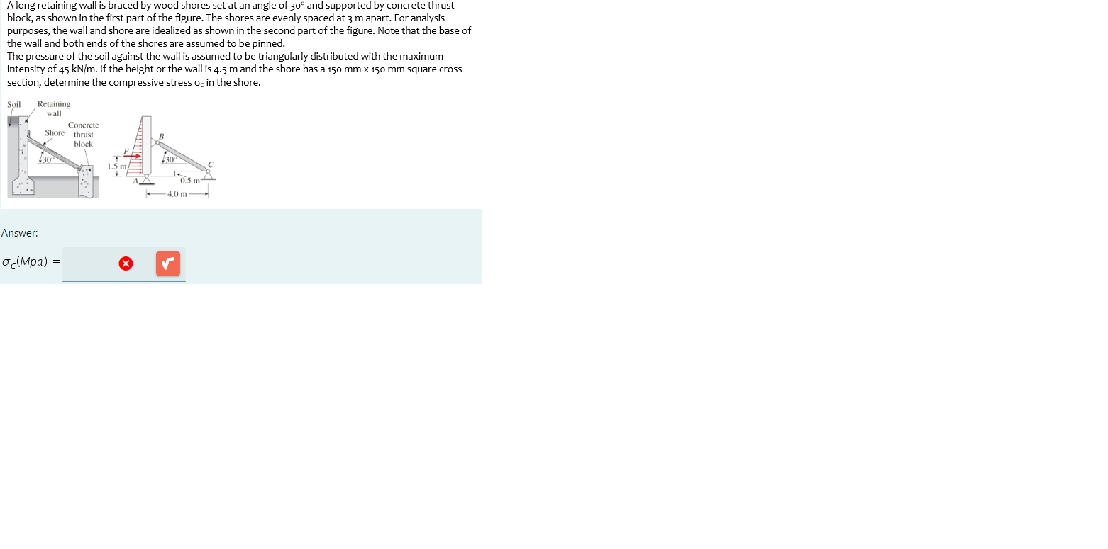 A long retaining wall is braced by wood shores