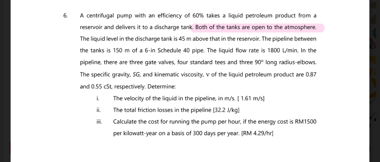 A centrifugal pump with an efficiency of 6 0 %