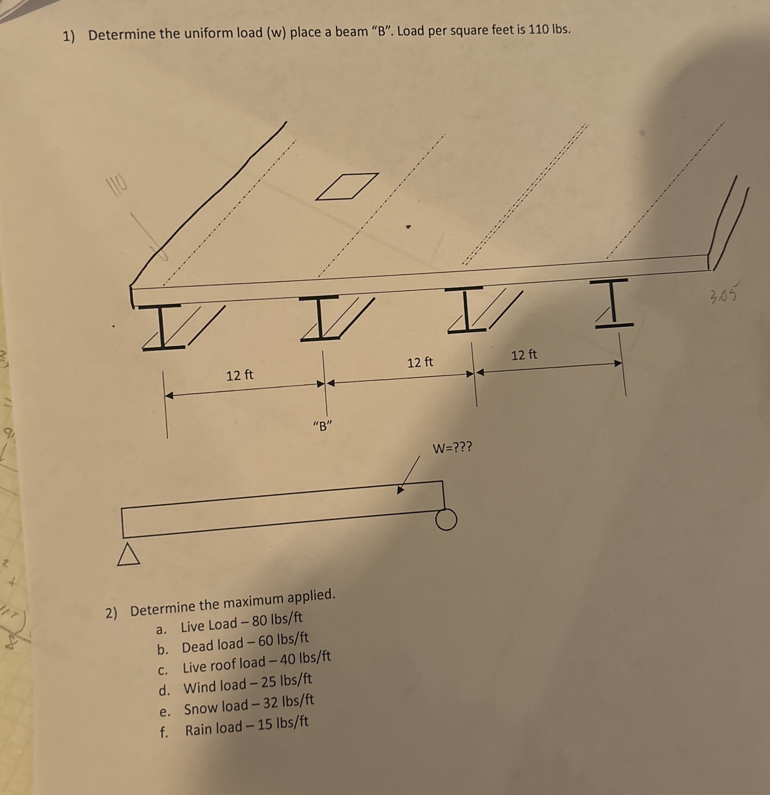 Determine the uniform load ( w ) place a beam " B