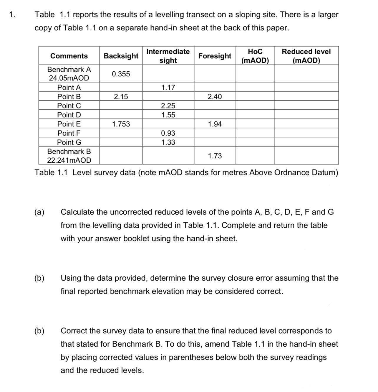 Table 1 . 1 reports the results of a levelling