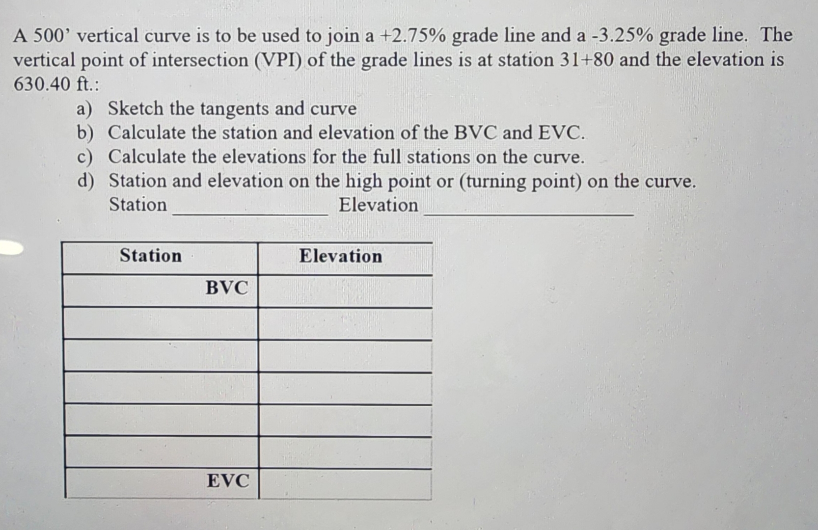 A 5 0 0 ' vertical curve is to be used to join a
