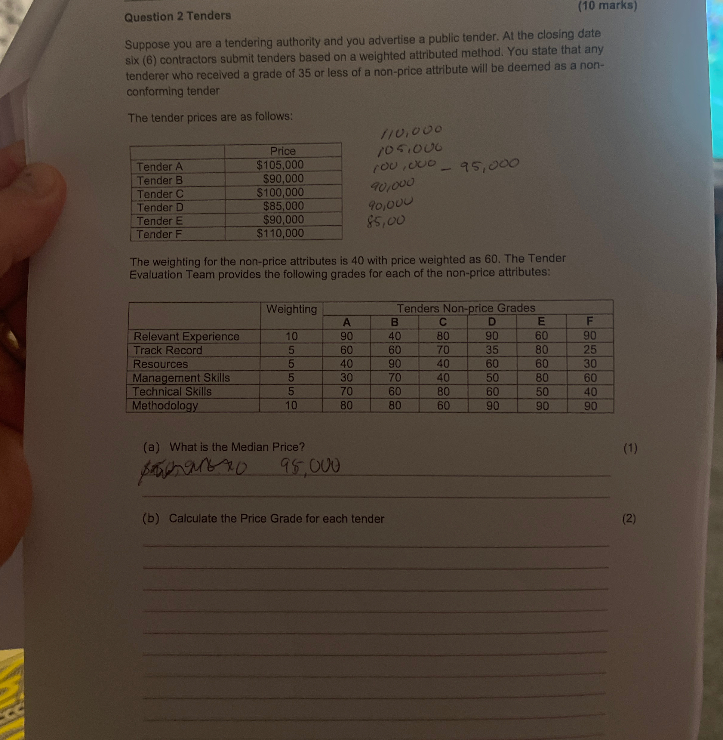 Question 2 Tenders ( 1 0 marks ) Suppose you are