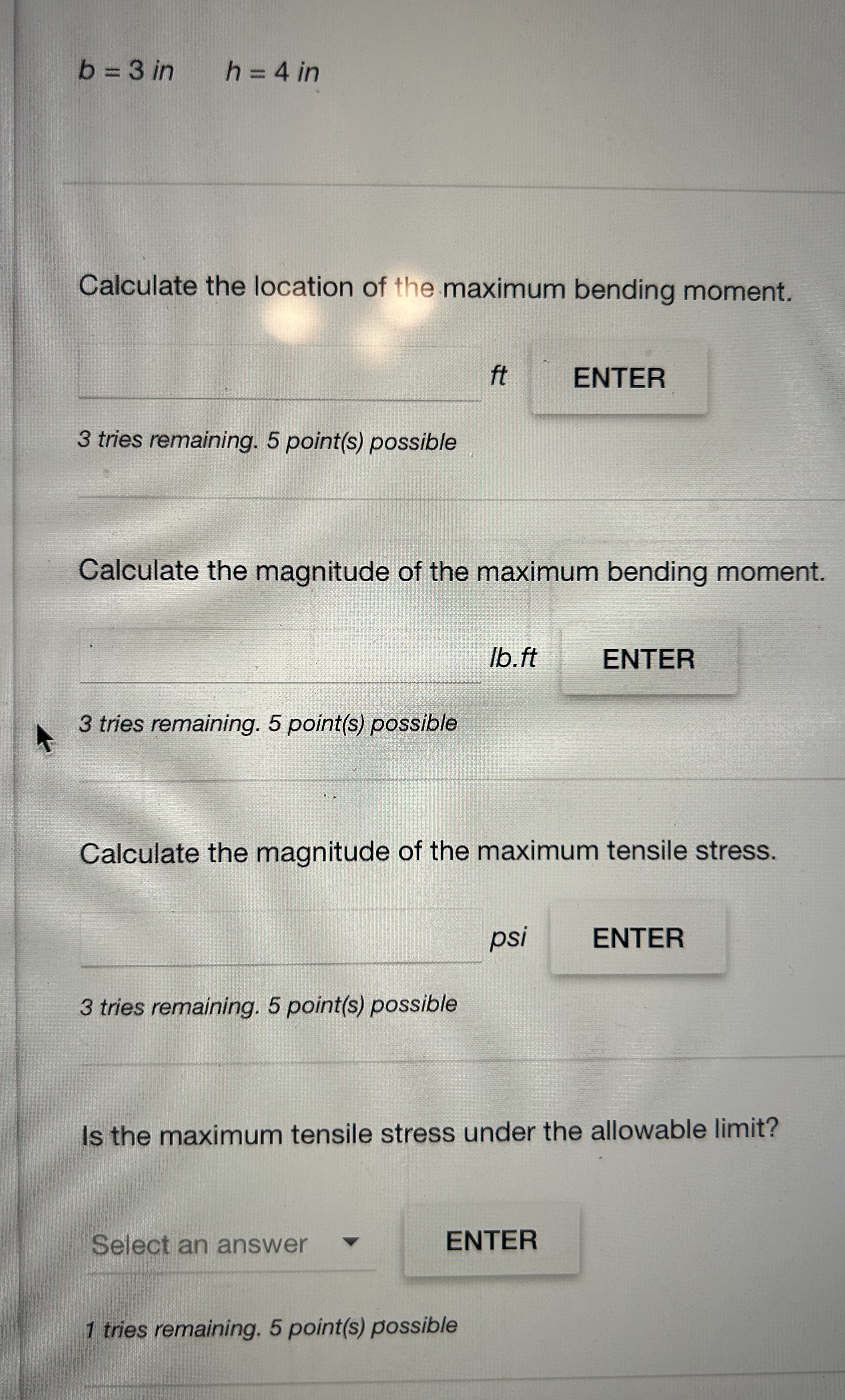 b = 3 i n h = 4 i n Calculate the location of the
