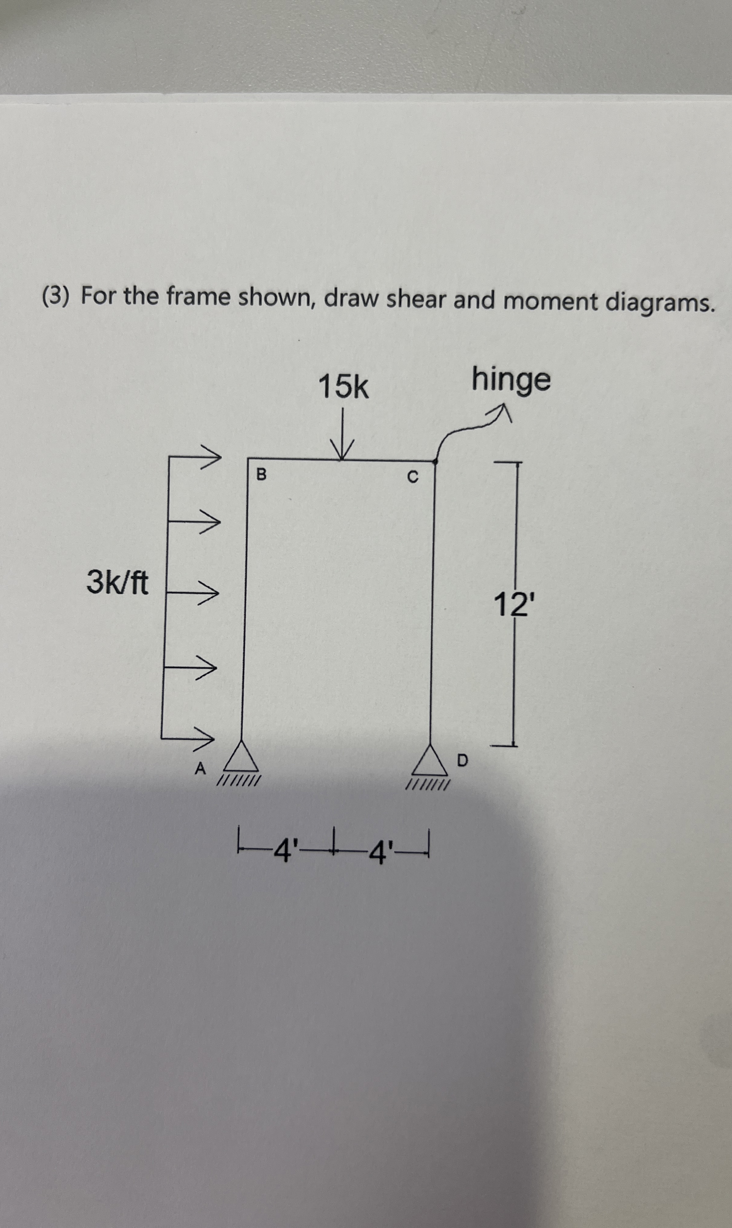 ( 3 ) For the frame shown, draw shear and moment