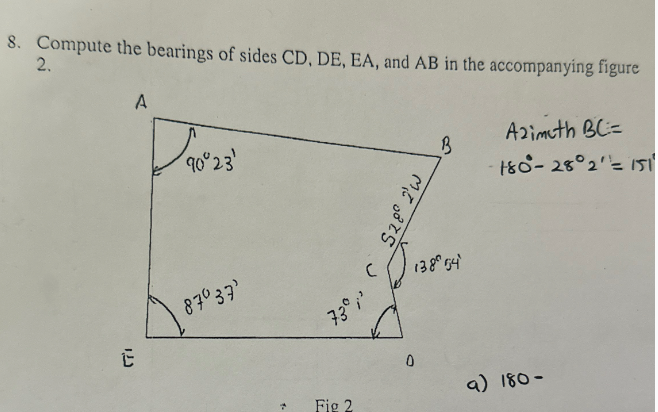 Compute the bearings of sides C D , D E , E A ,