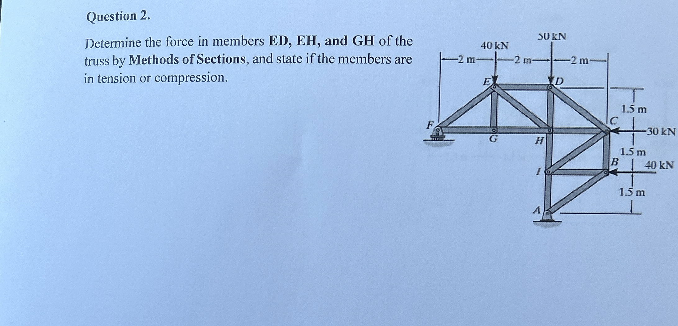 Question 2 . Determine the force in members ED ,