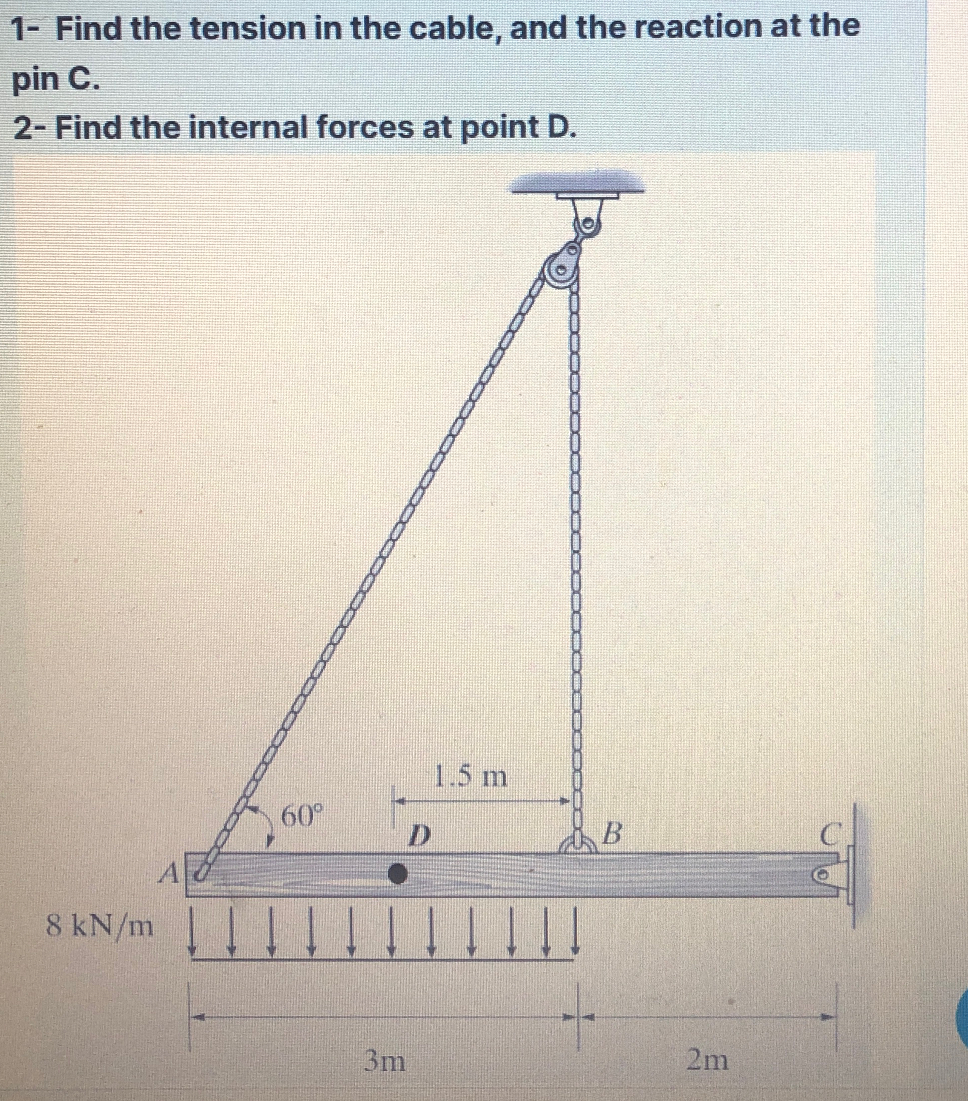 1 - Find the tension in the cable, and the