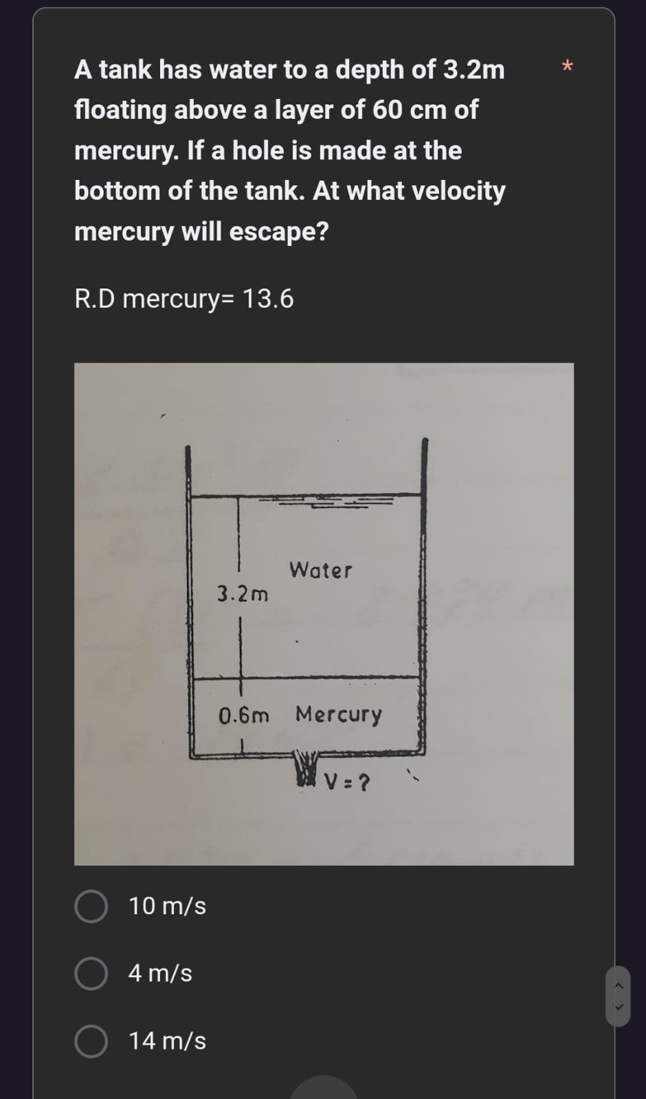 A tank has water to a depth of 3 . 2 m floating