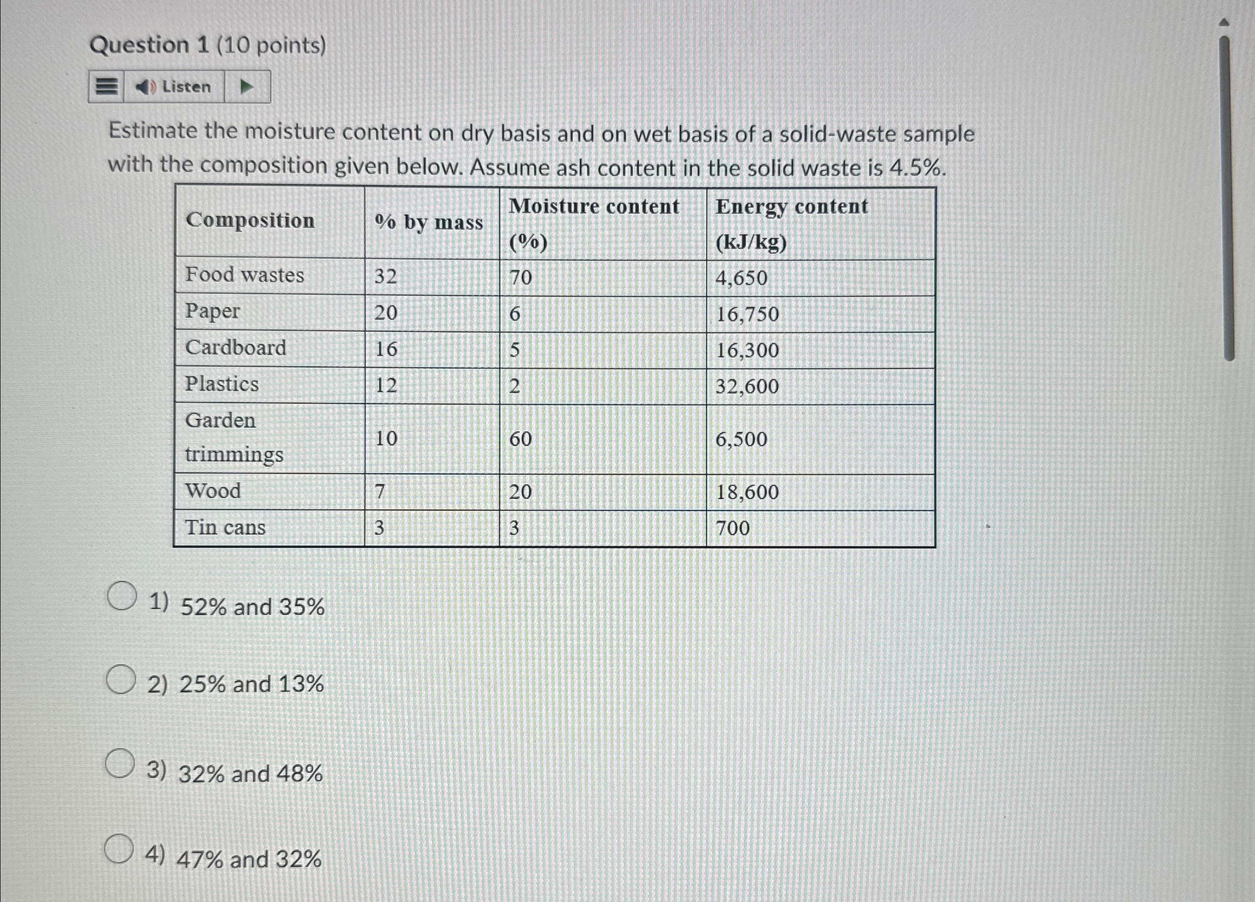 Question 1 ( 1 0 points ) Estimate the moisture