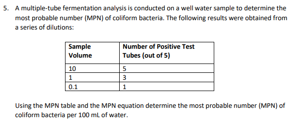 5 . A multiple - tube fermentation analysis is