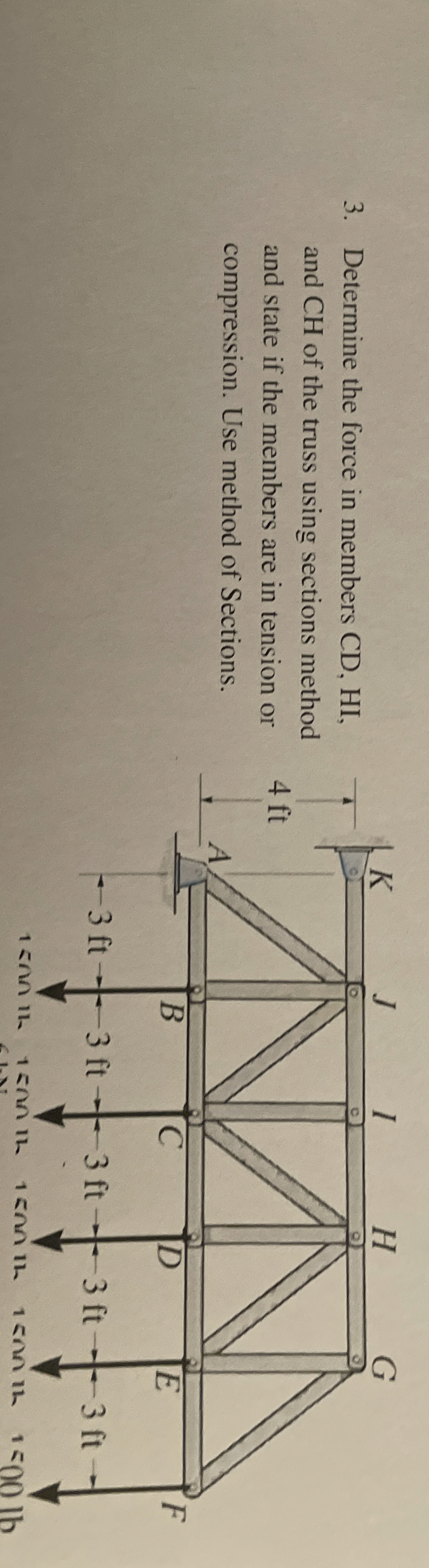Determine the force in members C D , H I , and CH