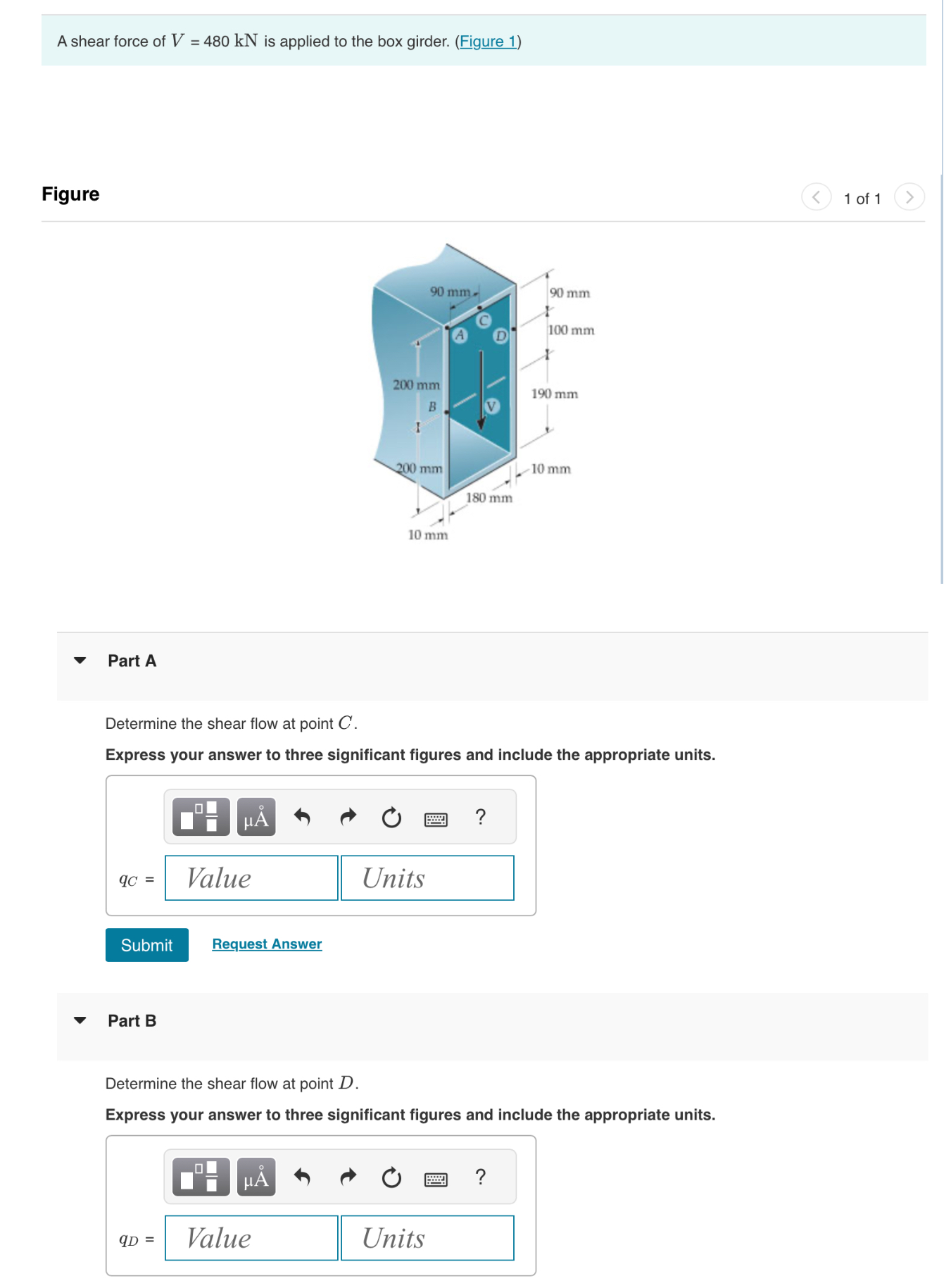 A shear force of V = 4 8 0 k N is applied to the