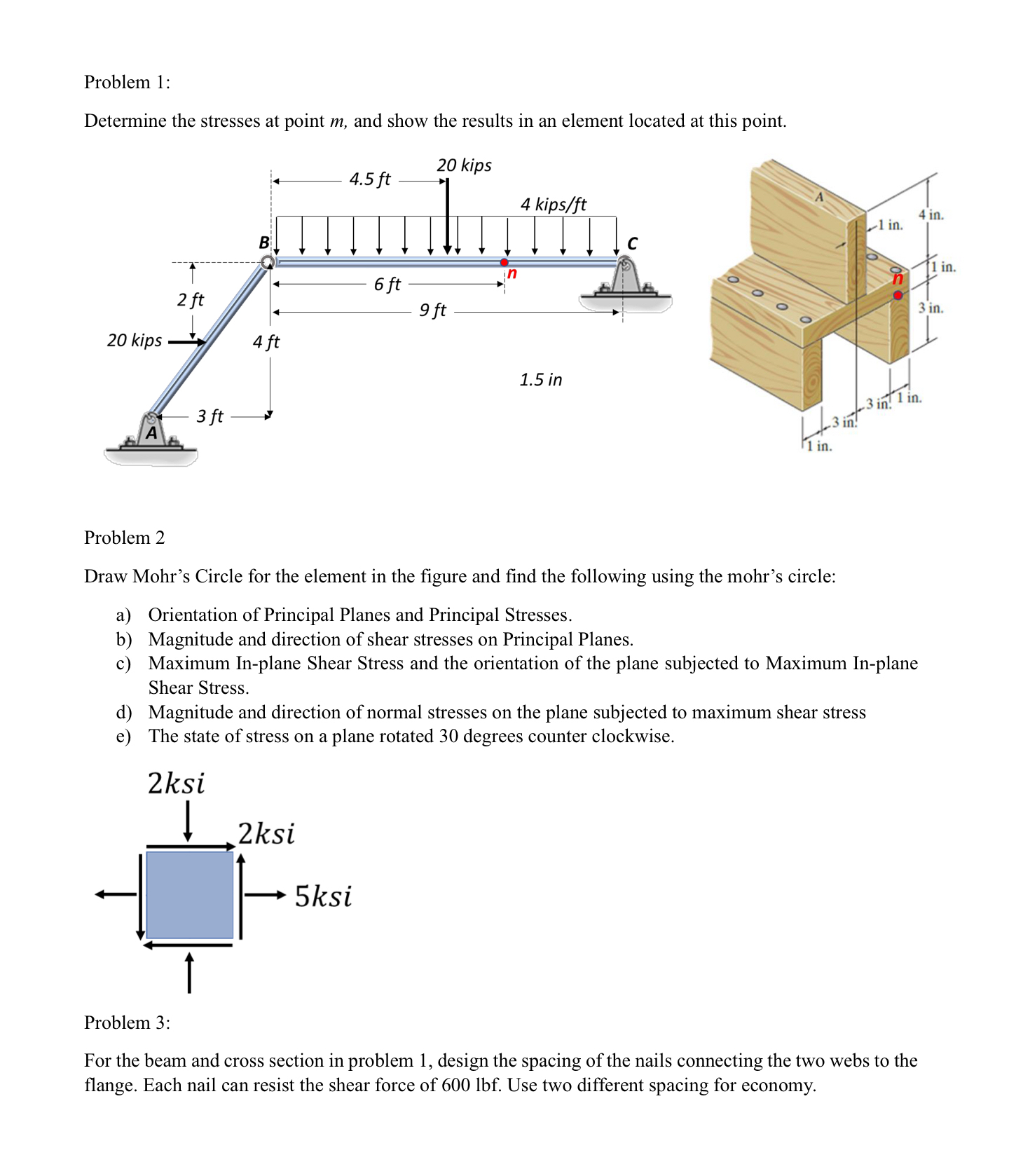 Problem 1 : Determine the stresses at point m ,