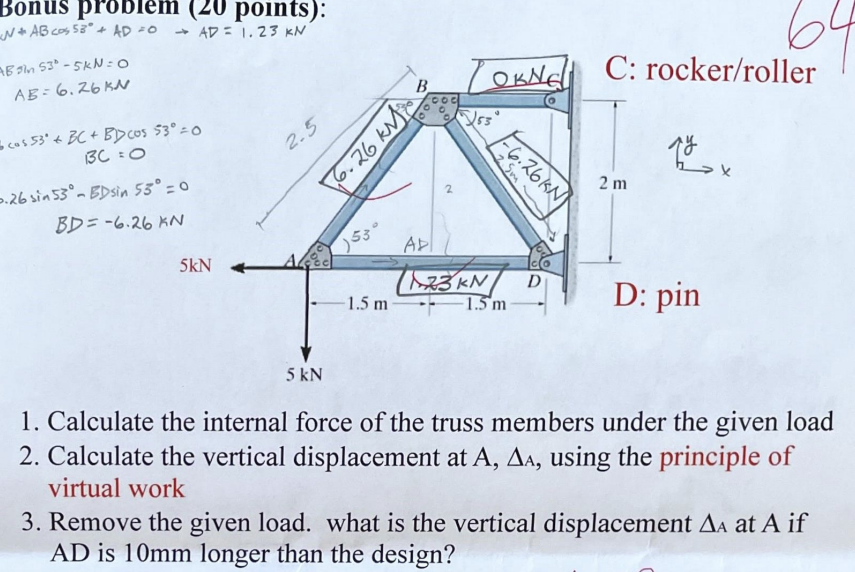 Calculate the internal force of the truss members