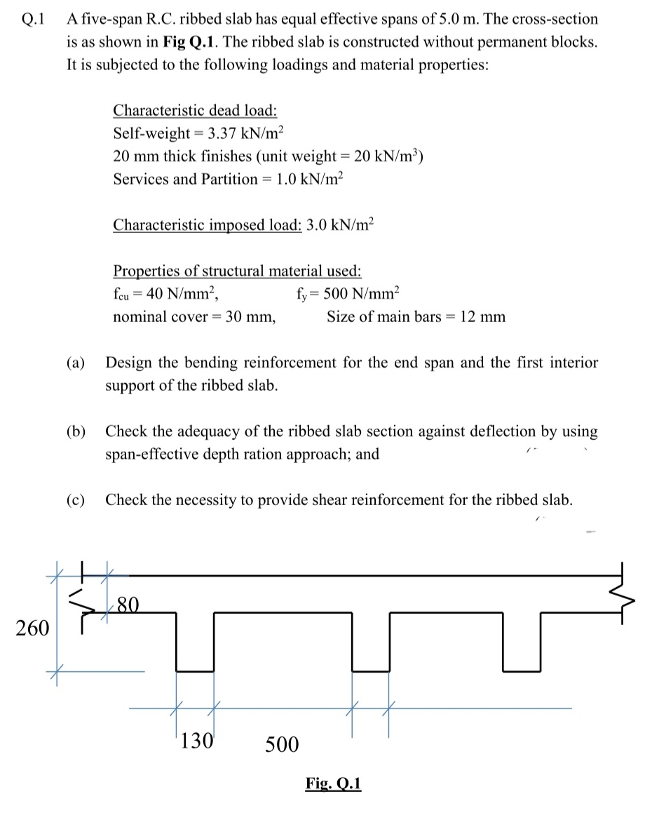 Q . 1 A five - span R . C . ribbed slab has equal