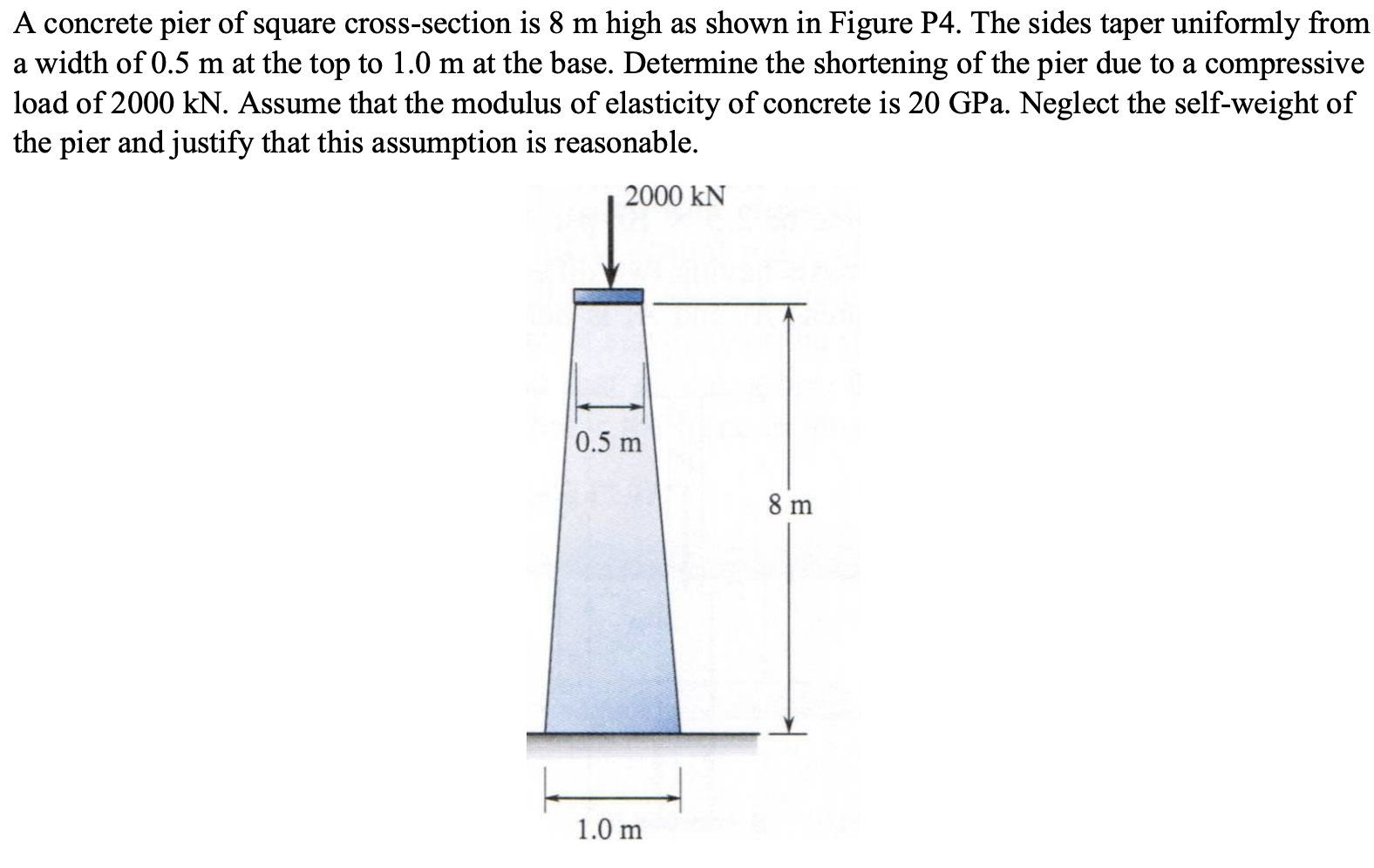 A concrete pier of square cross - section is 8 m