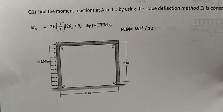 Q 1 ) Find the moment reactions at A and D by