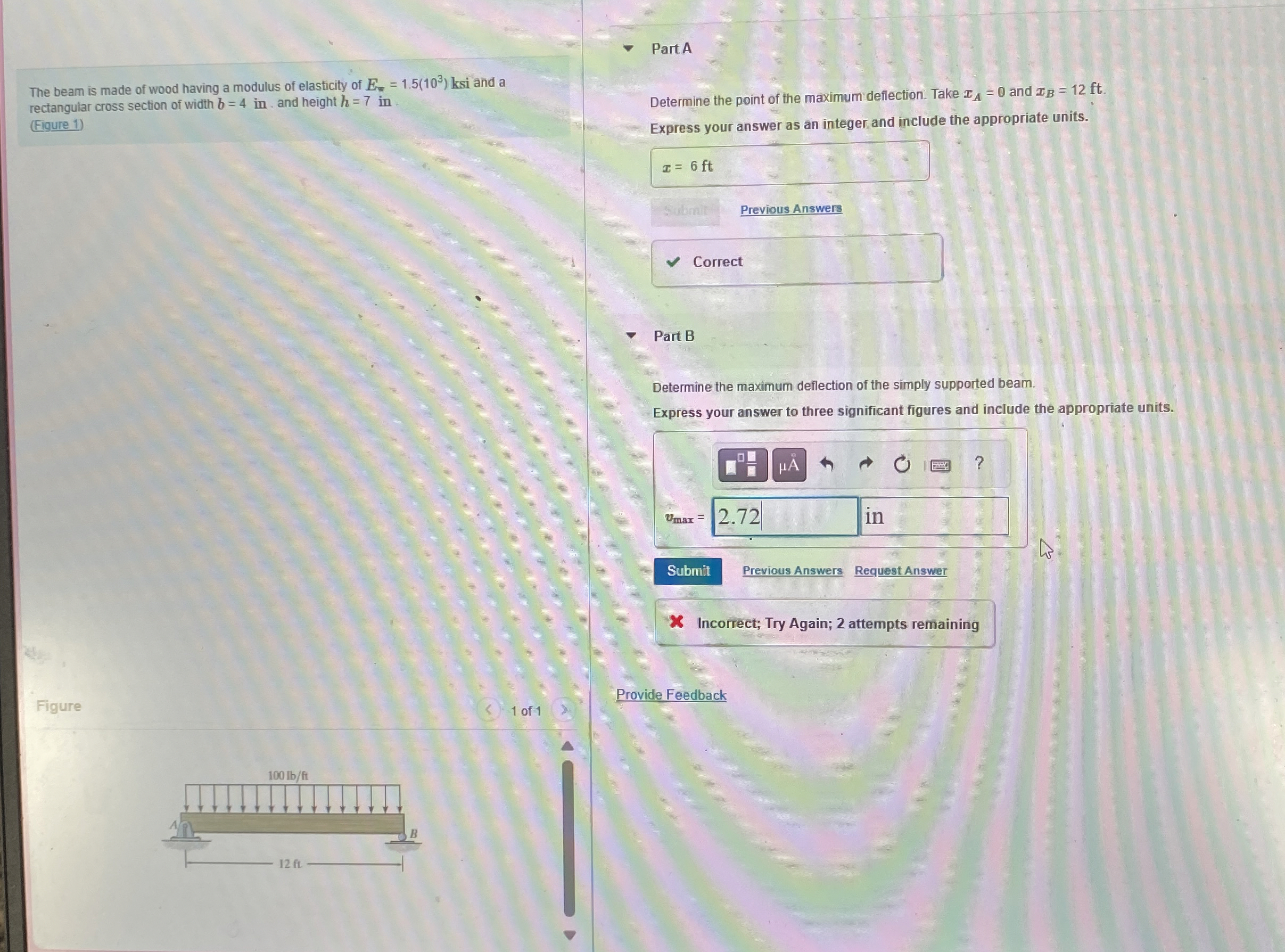 Part A The beam is made of wood having a modulus