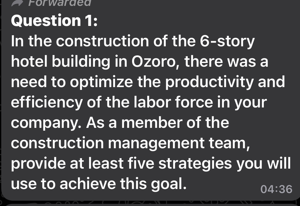 Question 1 : In the construction of the 6 - story