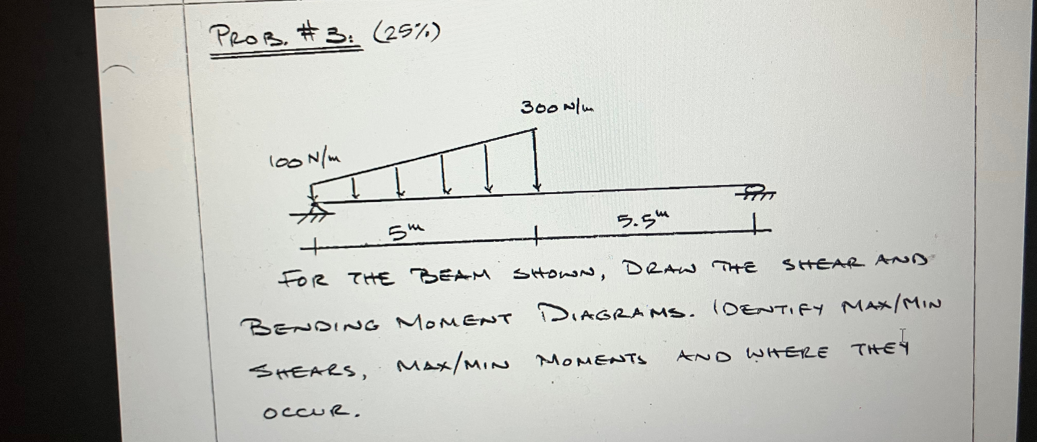 Prob. # 3 : ( 2 5 % ) for the beam shomn, draw