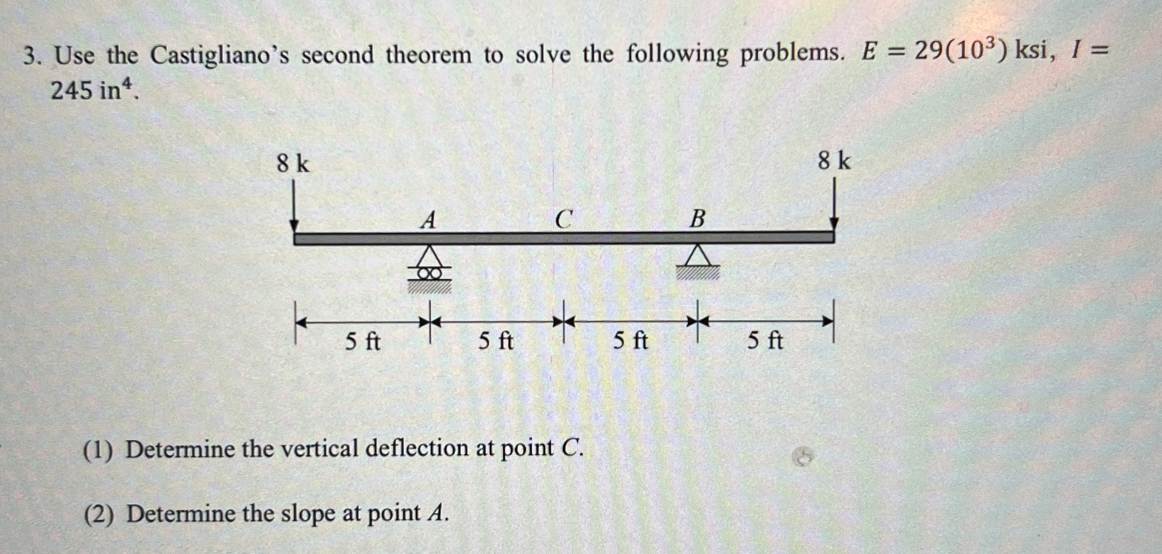 Use the Castigliano's second theorem to solve the