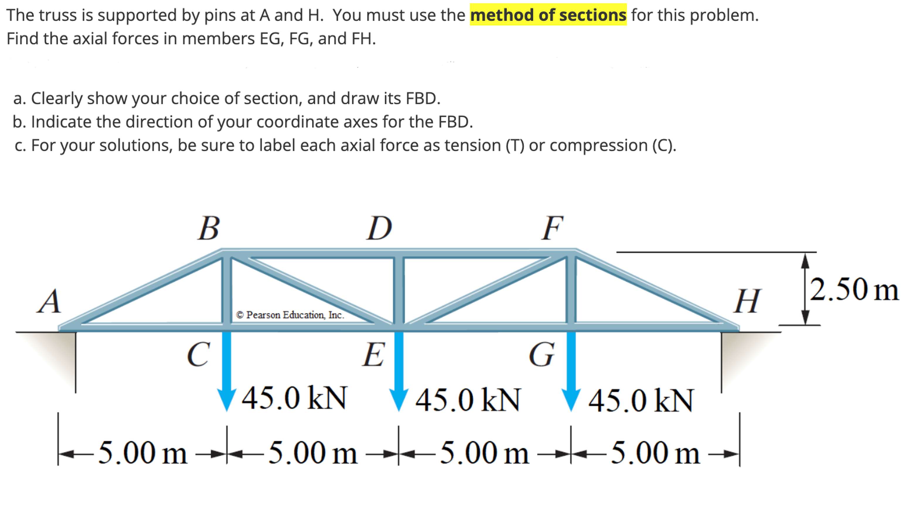 The truss is supported by pins at A and H . You