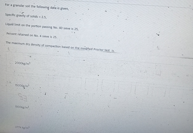 For a granular soil the following data is given,