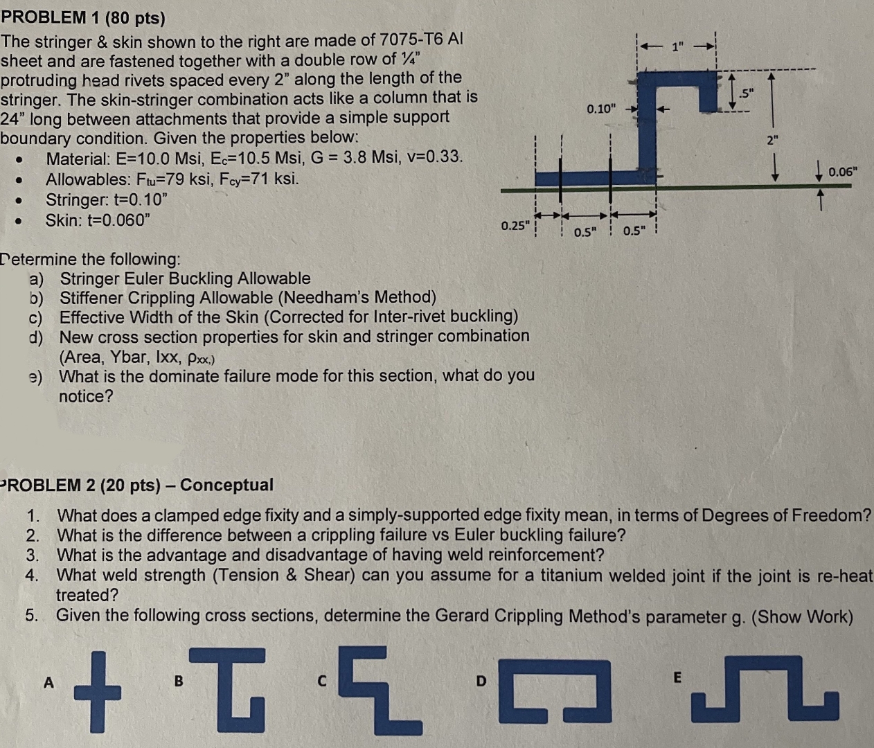 PROBLEM 1 ( 8 0 pts ) The stringer & skin shown