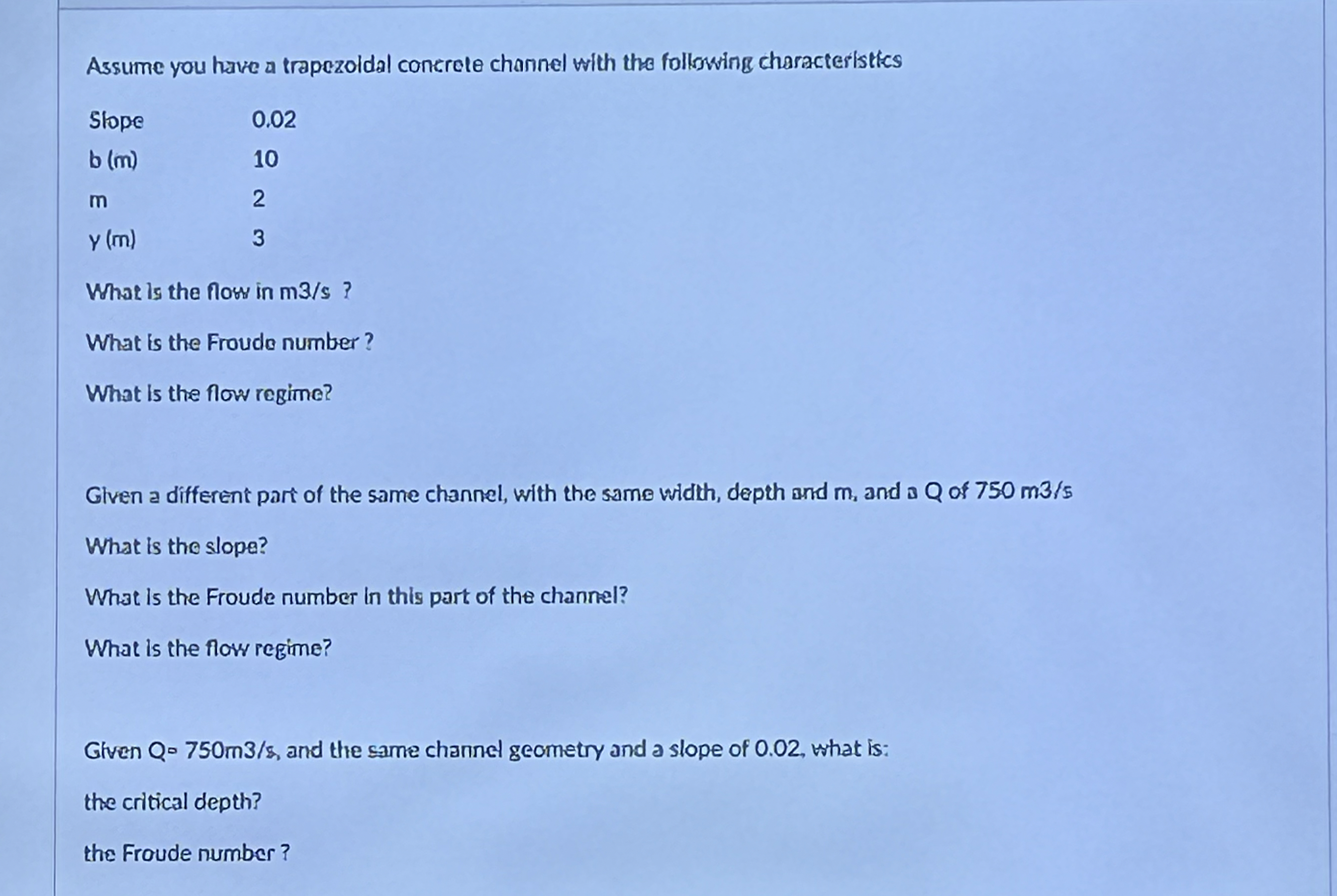 Assume you have a trapezoldal conerete channel