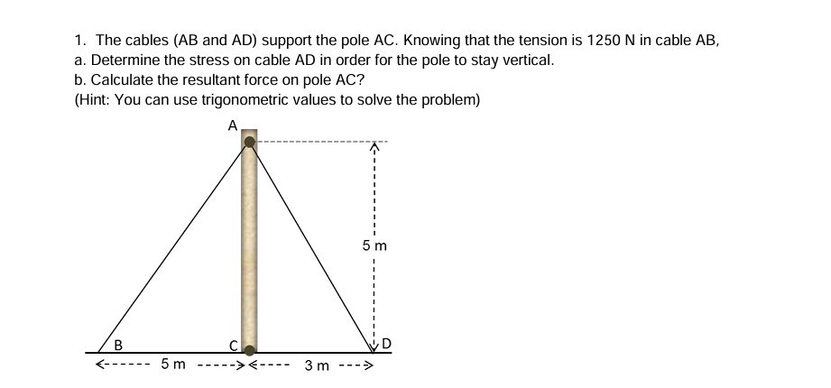 The cables ( AB and A D ) support the pole A C .