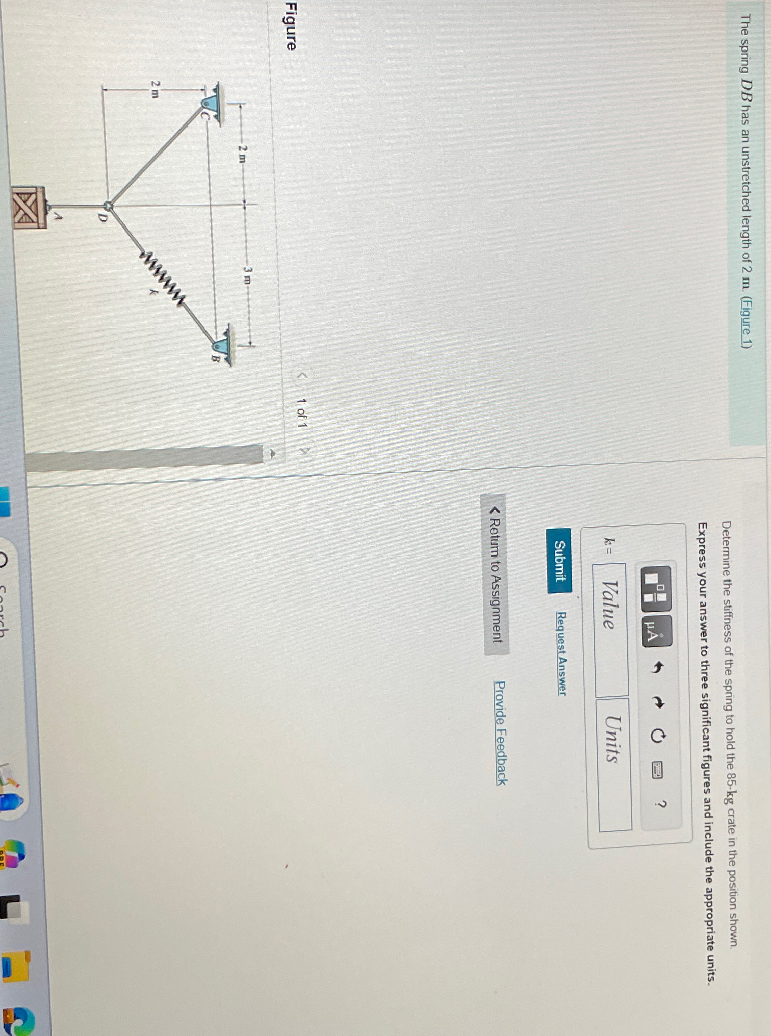 The spring D B has an unstretched length of 2 m (